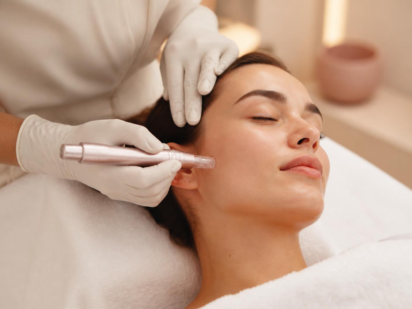 Micro-Needling Behandlung der Wange mit einem Needling-Pen